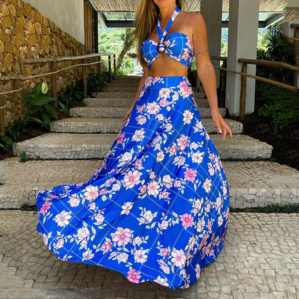 ZARA Long Spaghetti Strap Blue Digital Print Tulle Gown